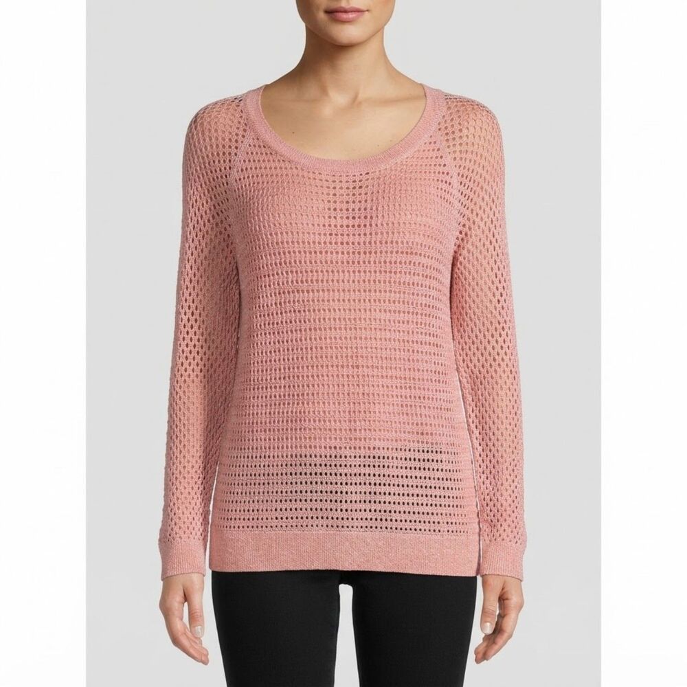 SOHO Pink Open-Knit Long-Sleeve Sweater Scoop Neck Full Zip Back Size M